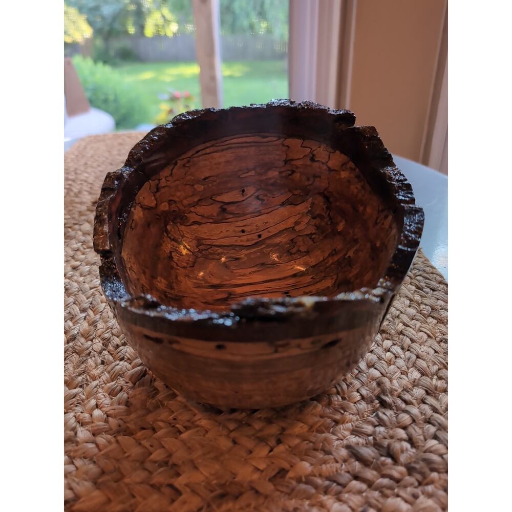 Live Edge Rustic Hand Turned Wood Bowl Natural Bark 7" Artist Signed Gloss